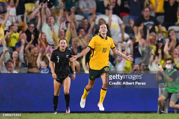 Emily van Egmond of Australia celebrates after scoring a goal during the International Women's match between the Australia Matildas and the New...