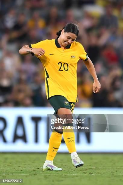 Sam Kerr of Australia celebrates at the final whistle during the International Women's match between the Australia Matildas and the New Zealand...