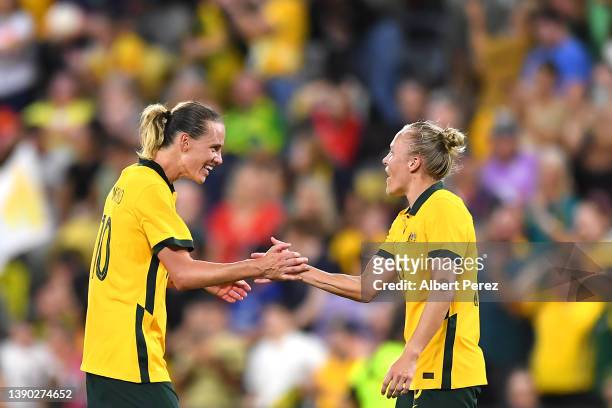Emily van Egmond and Tameka Yallop of Australia celebrate victory during the International Women's match between the Australia Matildas and the New...