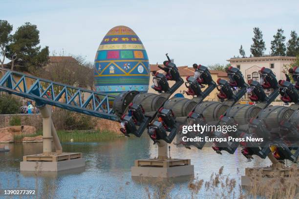 Several people on an attraction, next to the world's largest decorated Easter egg, recognized by Guinness World Records, at the presentation of the...