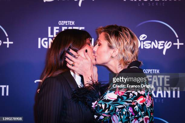 Anna Ferzetti and Ambra Angiolini attend the photocall of the tv series "Le Fate Ignoranti" at the St. Regis Grandhotel on April 08, 2022 in Rome,...