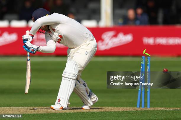 Adam Rossington of Essex is bowled out by Darren Stevens of Kent during Day Two the LV= Insurance County Championship match between Essex and Kent at...