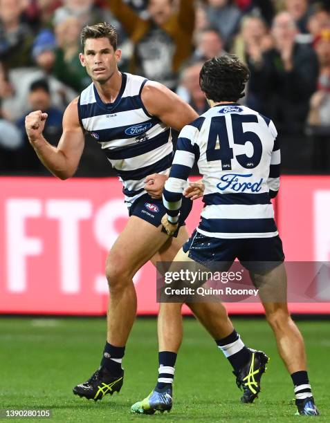 Tom Hawkins of the Cats celebrates kicking a goal during the round four AFL match between the Geelong Cats and the Brisbane Lions at GMHBA Stadium on...