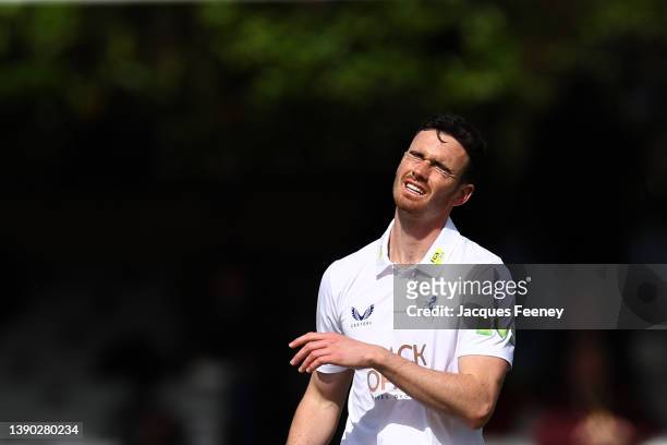 Nathan Gilchrist of Kent reacts during Day Two the LV= Insurance County Championship match between Essex and Kent at Cloudfm County Ground on April...