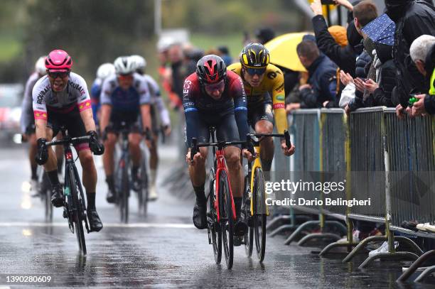 Elia Viviani of Italy and Team INEOS Grenadiers and Mick Van Dijke of Netherlands and Team Jumbo - Visma sprint at finish line during the 68th...