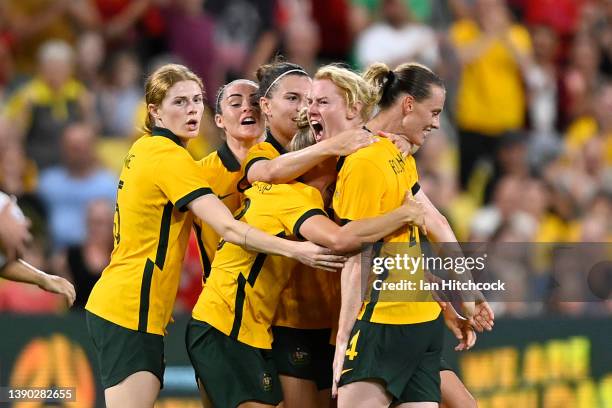 Emily Van Egmond of Australia celebrates after scoring a goal during the International Women's match between the Australia Matildas and the New...