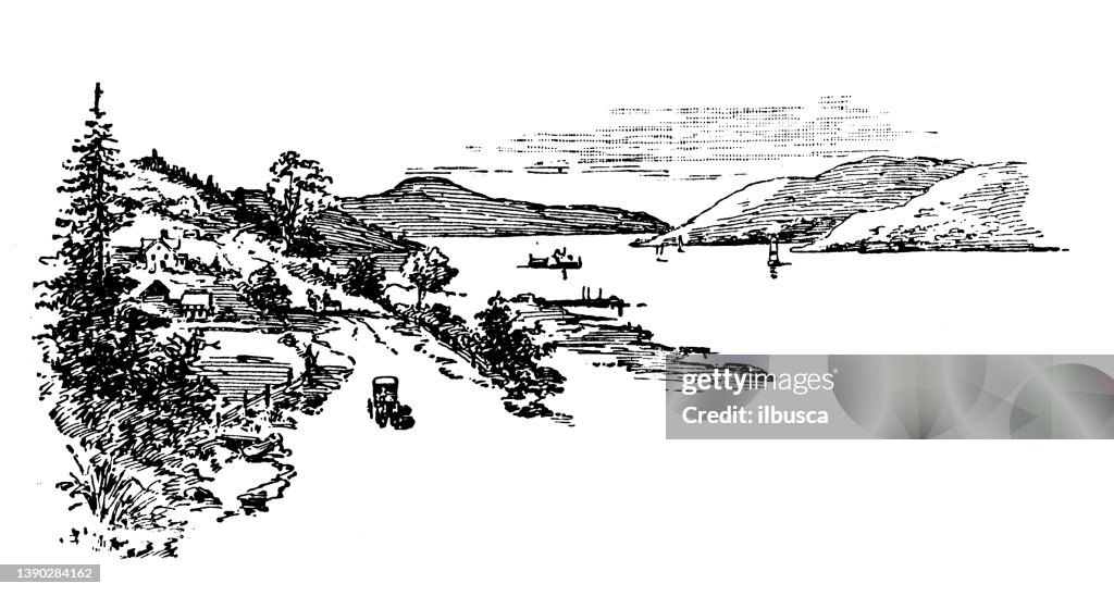 Antique illustration of USA, New York landmarks and companies: Otsego Lake