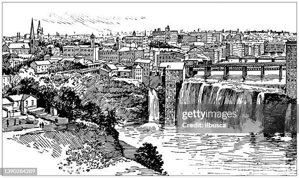 bildbanksillustrationer, clip art samt tecknat material och ikoner med antique illustration of usa, new york landmarks and companies: rochester, genesee falls - rochester new york