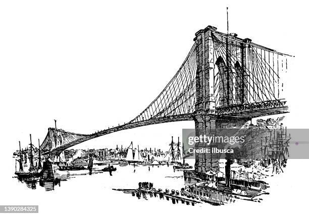 antike illustration von usa, new york sehenswürdigkeiten und unternehmen: new york, brooklyn, east river bridge - brooklyn new york stock-grafiken, -clipart, -cartoons und -symbole