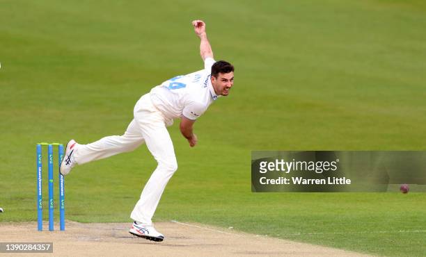 Steven Finn of Sussex bowls during the LV= Insurance County Championship match between Sussex and Nottinghamshire at The 1st Central County Ground on...