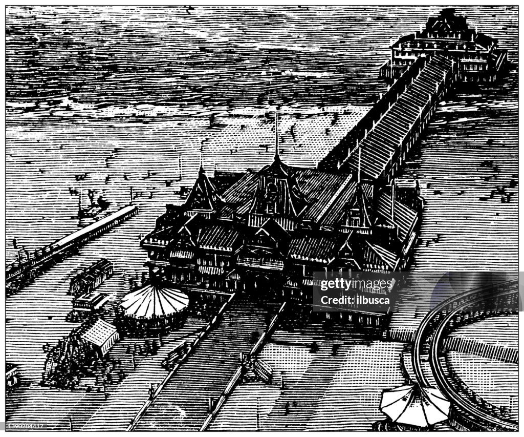 Antique illustration of USA, New York landmarks and companies: Coney Island, Iron Pier