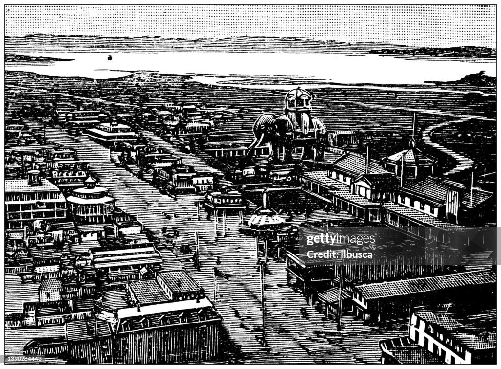 Antique illustration of USA, New York landmarks and companies: Coney Island
