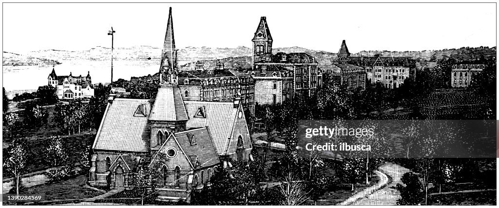 Antique illustration of USA, New York landmarks and companies: Ithaca, Cornell University, Cayuga Lake
