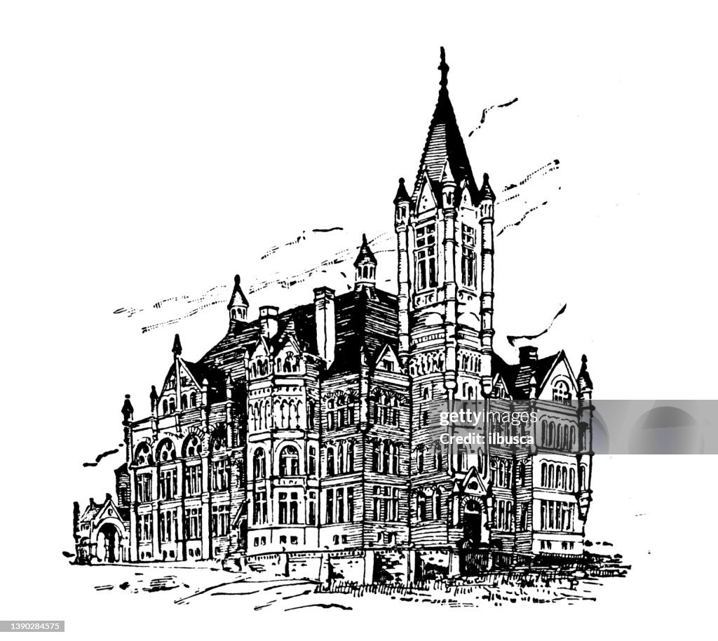 Antique illustration of USA, New York landmarks and companies: Syracuse, John Crouse Memorial College, Syracuse University