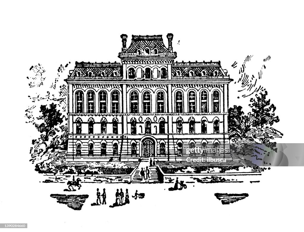 Antique illustration of USA, New York landmarks and companies: Troy, Rensselaer Polytechnic Institute