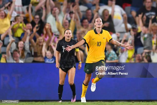 Emily van Egmond of Australia celebrates after scoring a goal during the International Women's match between the Australia Matildas and the New...