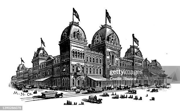 antique illustration of usa, new york landmarks and companies: new york, grand central station - grand central station stock illustrations