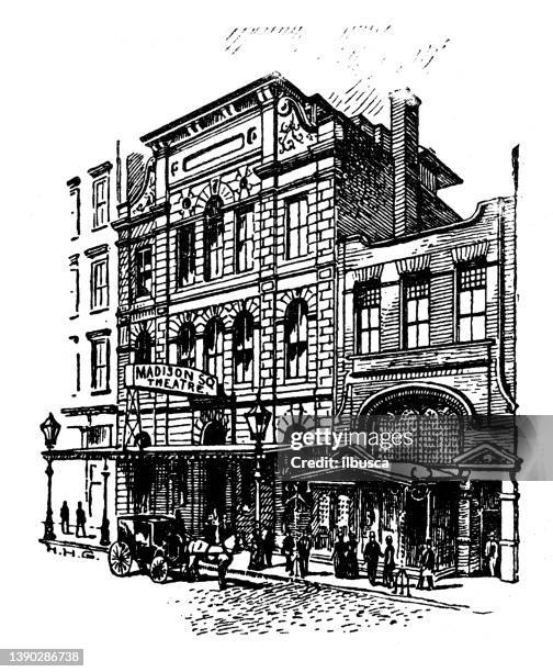 illustrazioni stock, clip art, cartoni animati e icone di tendenza di illustrazione antica di usa, monumenti e aziende di new york: new york, madison square theatre - madison square
