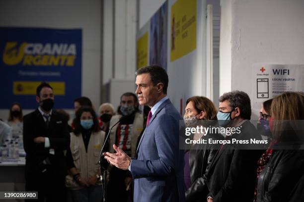 Prime Minister Pedro Sanchez speaks during his visit to the Ukrainian refugee center at the Fira de Barcelona, April 8 in Barcelona, Catalonia,...