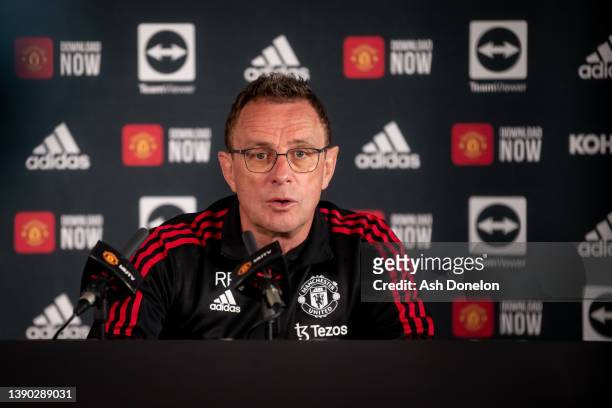 Interim Manager Ralf Rangnick of Manchester United speaks during a press conference at Carrington Training Ground on April 08, 2022 in Manchester,...