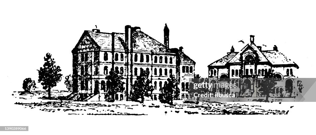 Antique illustration of USA, North Dakota landmarks and companies: Grand Forks, University of North Dakota