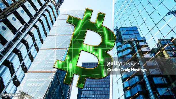 bitcoin entering mass adoption from hedge funds, family offices, pension funds, vc capital, financial institutions and banks with a backdrop of corporate skyscrapers and office blocks. concept piece for finance, blockchain, payment networks and hard money - trading floor stock pictures, royalty-free photos & images