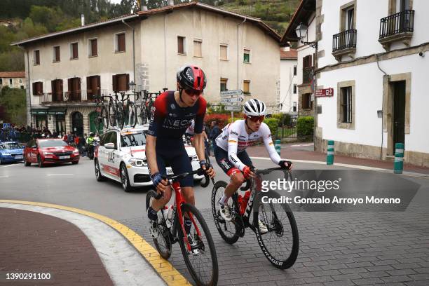 Carlos Rodriguez Cano of Spain and Team INEOS Grenadiers and Kenny Elissonde of France and Team Trek - Segafredo compete in the breakaway during the...