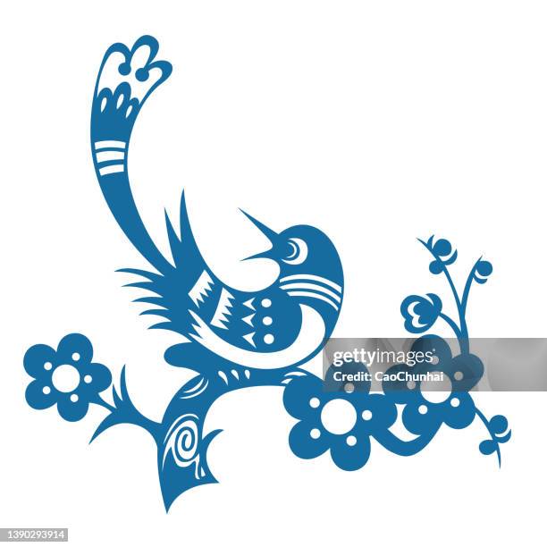 magpie standing on plum blossom(chinese traditional double happiness pattern) - magpie stock illustrations