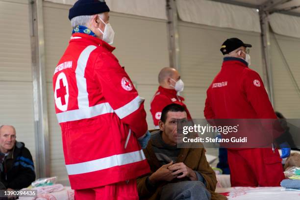 Ukrainian Refugee awaits inside the Red Cross Headquarters on April 7, 2022 in Settimo Torinese near Turin, Italy. 82 people originally from the...