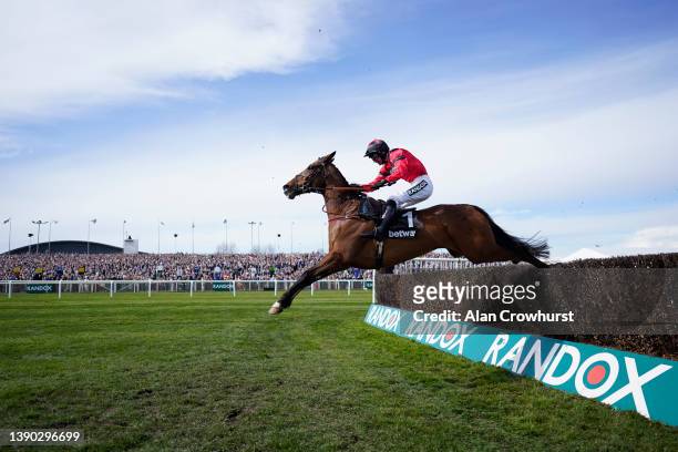 Derek Fox riding Ahoy Senor clear the last to win The Betway Mildmay Novices' Chase at Aintree Racecourse on April 08, 2022 in Liverpool, England.