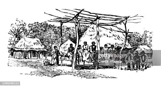 stockillustraties, clipart, cartoons en iconen met antique illustration of usa, oklahoma landmarks and companies: caddo camp - native americans 1800s