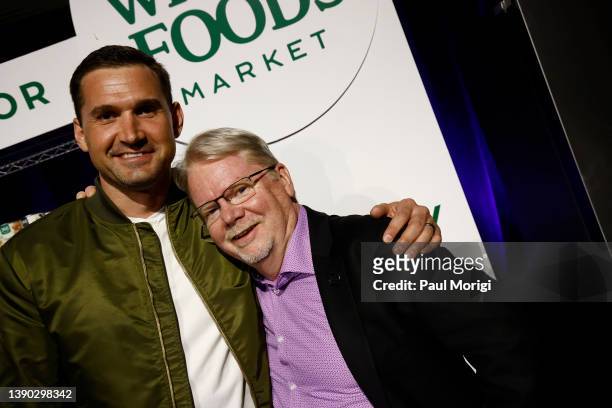 Ryan Zimmerman and Mike Curtin, DCCK CEO celebrate on stage during the Capital Food Fight 2022 at The Anthem on April 07, 2022 in Washington, DC.