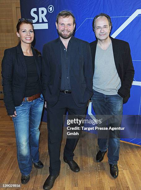 Elisabeth Brueck, Devid Striesow and Hartmut Volle attend the presententation of Devid Striesow as new Tatort Commissar at the embassy of the state...