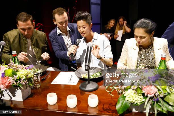 Tommy McFly interviews Ryan Zimmerman and Kristen Kish as they judge during the Capital Food Fight 2022 at The Anthem on April 07, 2022 in...