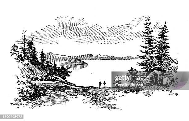 antique illustration of usa, oregon landmarks and companies: oregon national park, crater lake - crater lake stock illustrations