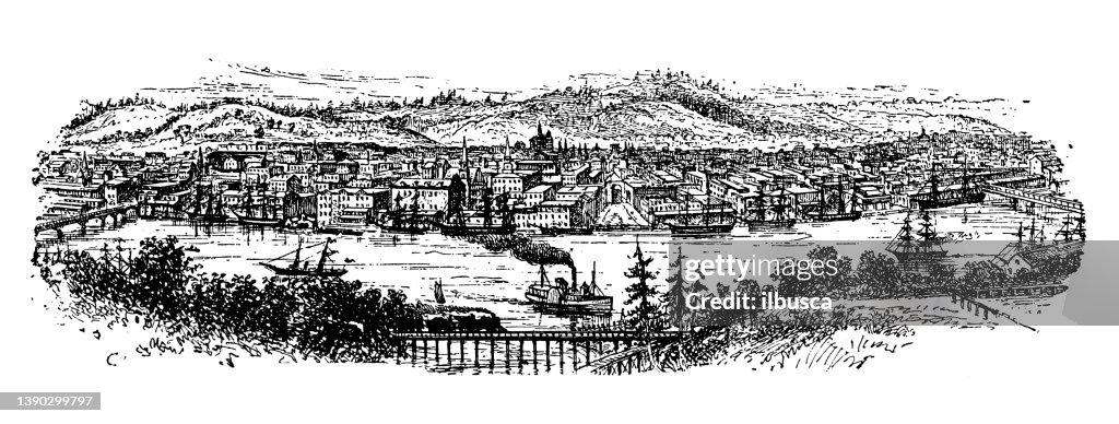 Antique illustration of USA, Oregon landmarks and companies: Portland and Willamette River