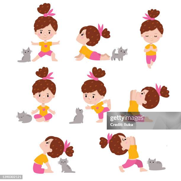 set of little girl doing yoga with her cat - cross legged stock illustrations