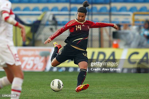 Dzsenifer Marozsan of Germany scores her team's first goal during the Women's Euro Qualifier between Turkey and Germany at Buca Arena on February 15,...