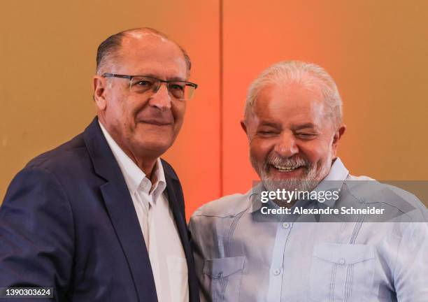 Former president of Brazil Luiz Inacio Lula da Silva embraces former Sao Paulo Governor Geraldo Alckmin during a press conference at Grand Mercury...