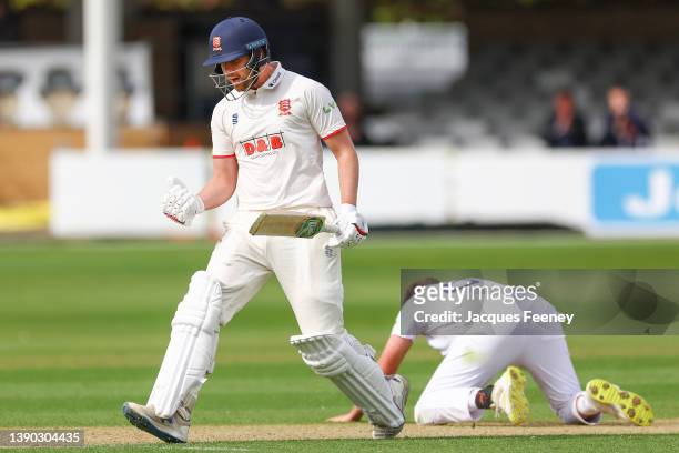 Matt Critchley of Essex celebrates after scoring a century during Day Two the LV= Insurance County Championship match between Essex and Kent at...