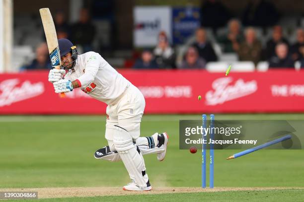 Shane Snater of Essex is bowled out by Nathan Gilchrist of Kent during Day Two the LV= Insurance County Championship match between Essex and Kent at...