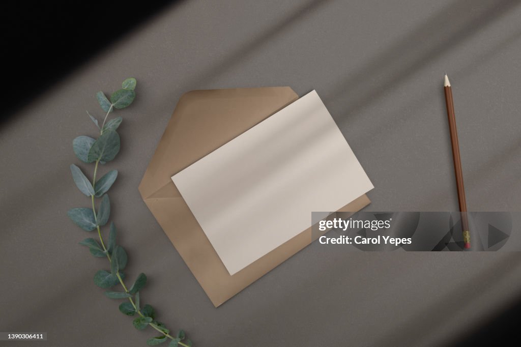 Opened brown envelope with blank card on grey background background