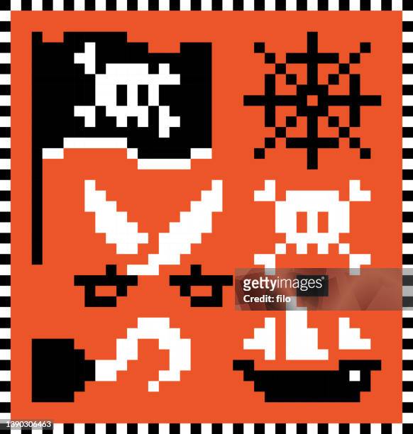 piraten-pixel-flaggenschiff-symbole und designelemente - kontaminierung stock-grafiken, -clipart, -cartoons und -symbole