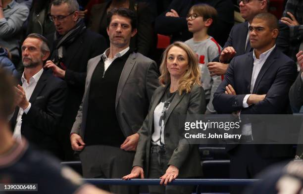 Jean-Claude Blanc, Pierre Rabadan and girlfriend Laurie Delhostal, Daniel Narcisse attend the EHF Champions League match between Paris Saint-Germain...