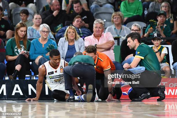 Scott Machado of the Taipans is injured during the round 19 NBL match between Tasmania Jackjumpers and Cairns Taipans at MyState Bank Arena on April...