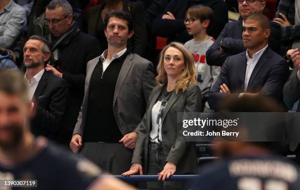 Jean-Claude Blanc, Pierre Rabadan and girlfriend Laurie Delhostal, Daniel Narcisse attend the EHF Champions League match between Paris Saint-Germain...