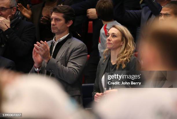 Pierre Rabadan and girlfriend Laurie Delhostal attend the EHF Champions League match between Paris Saint-Germain Handball and Elverum Handball at...