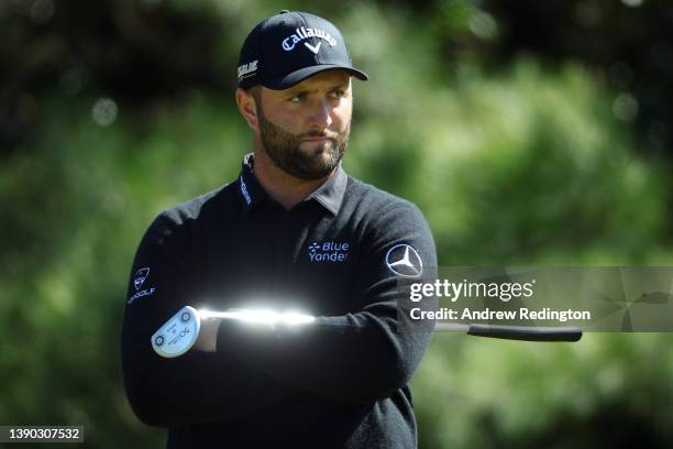 Jon Rahm of Spain looks on from the first green during the second round of The Masters at Augusta National Golf Club on April 08, 2022 in Augusta,...