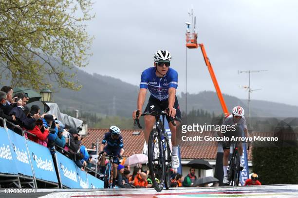Remco Evenepoel of Belgium and Team Quick-Step - Alpha Vinyl Blue Best Young Rider Jersey crosses the finish line during the 61st Itzulia Basque...