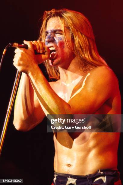 American Rock singer Anthony Kiedis, of the group Red Hot Chili Peppers, performs onstage at the Ritz, New York, New York, October 31, 1985.